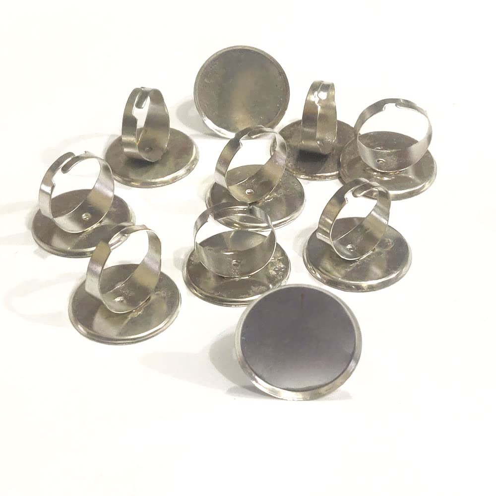 Adjustable Ring Blank Tray for Cabochons Cameos Pearls – 25mm Round Inner Bezel Setting Base, Antique Silver Jewelry Ring Findings, DIY Craft Supplies (10 pcs)