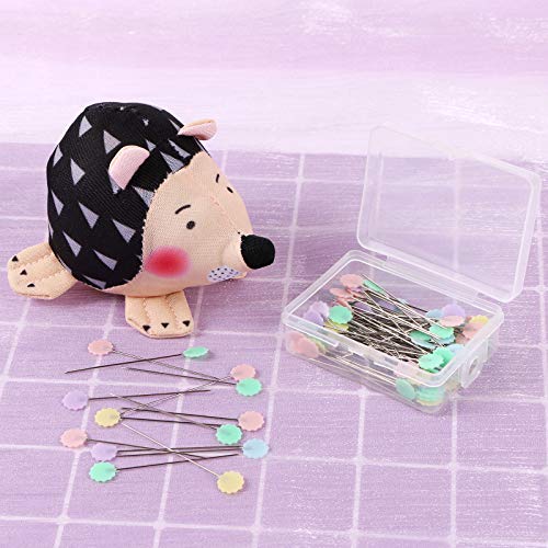 BENBO 1PC Hedgehog Shape Pin Cushion with 100PCS Flat Head Straight Pins, Flower Head Sewing Pins Straight Quilting Pins Sewing Needle Pincushions Quilting Holder Fabric Pin Cushion