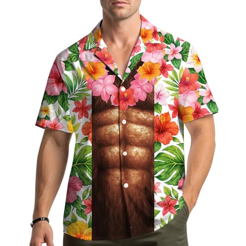 Funny Muscle Chest Hawaiian Shirt for Men, Bigfoot Abs Aloha Tops, Summer Beach Party Button Down