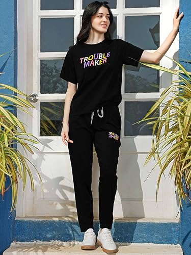 Image of ZEYO Night Suit for Women's Typography Printed Cotton Night Dress of Top and Joggers