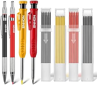 Enhon Carpenters Pencil, Mechanical Carpenter Pencils with Sharpener, 4 Pcs Deep Hole Woodworking Pencils and 40 Refills, Mental Carpentry Marking Scribe Tools (Black, Red, Yellow)