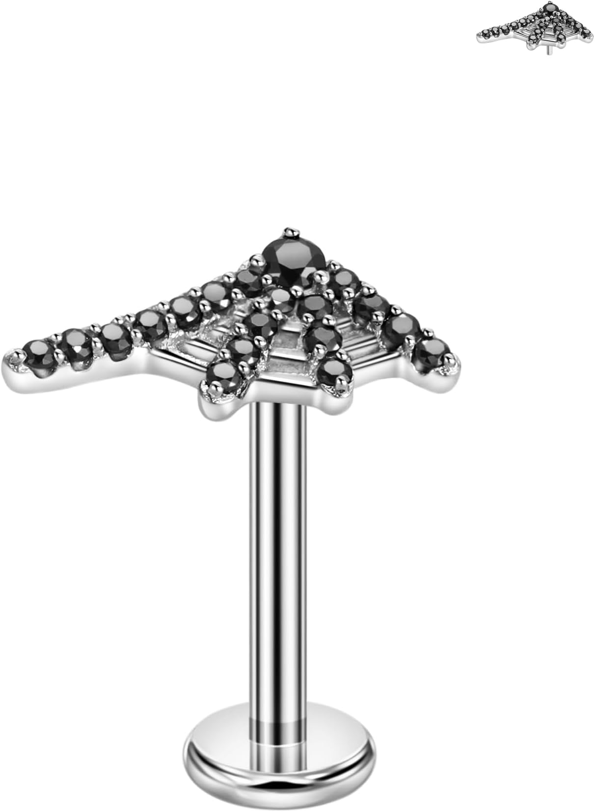 Black CZ Spider Web Threadless Push Pin Labret Studs 316L Surgical Steel Halloween Piercing Jewelry 20g to 16g / 5mm to 10mm