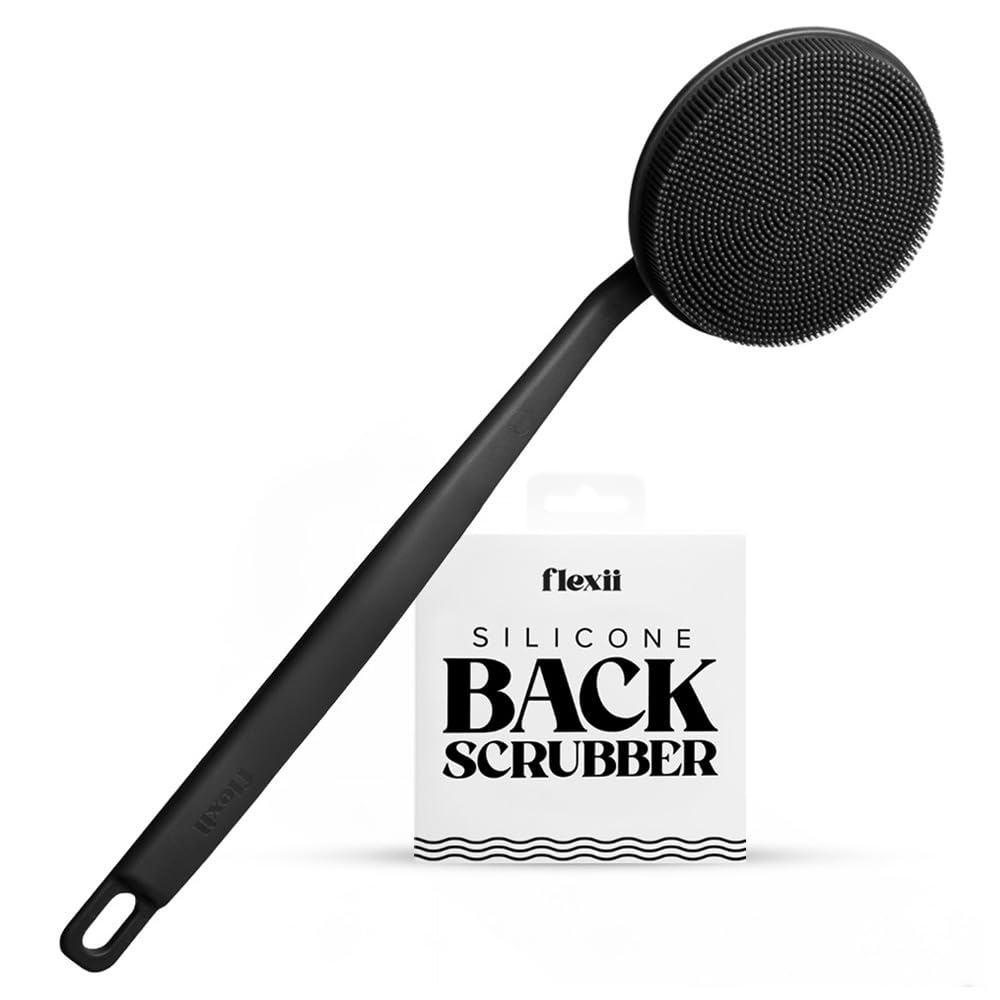 flexii® Brosse à dos en silicone – Brosse à dos à manche extra long de qualité supérieure pour douche, exfoliante en profondeur, nettoyage en profondeur, durable pour homme et femme