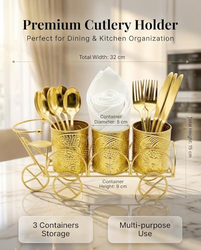 Image of Metal 3-Compartment Cutlery & Tissue Holder | Galvanized Gold Finish Spoon Fork Stand for Dining Table & Kitchen | Multi-Purpose, cutlery set for dining table , Forks, Knives & Napkins,cutlery holder
