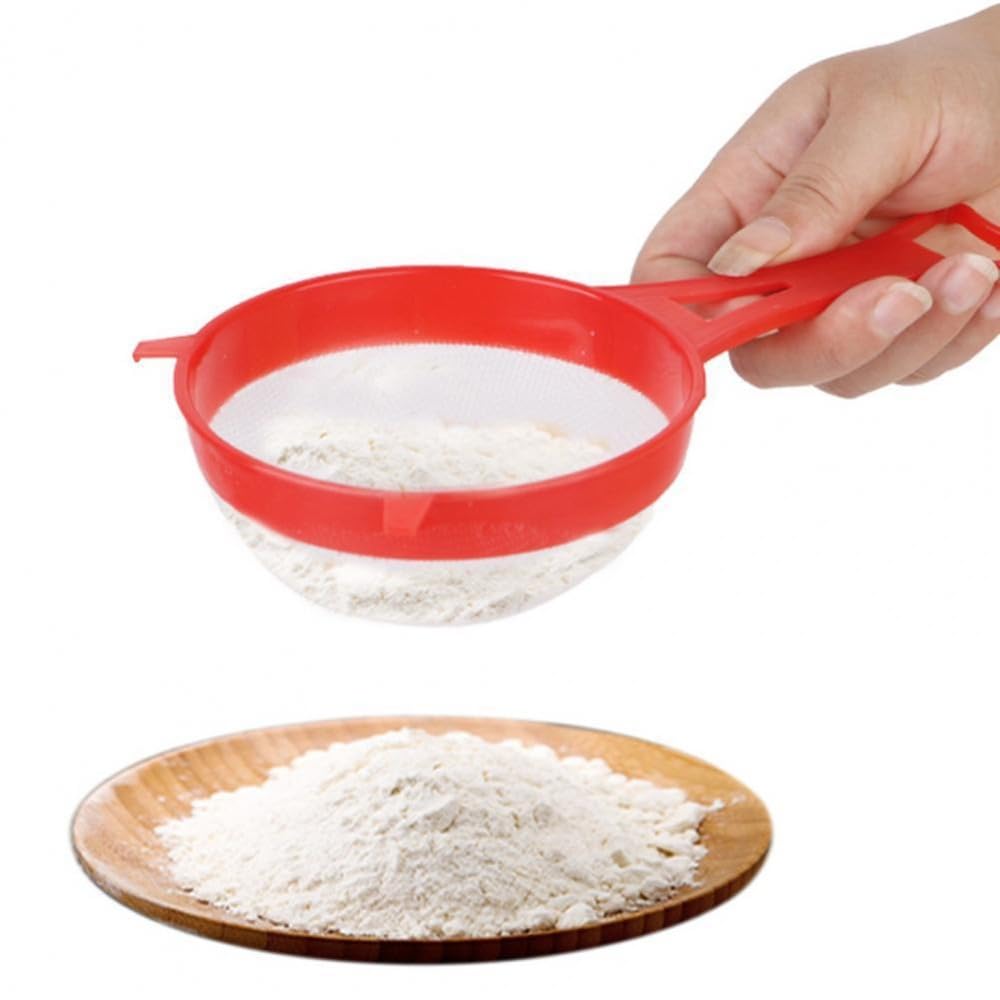 Set di 4 colini a rete fine per alimenti, latte di soia, farina, setaccio in plastica con manico lungo, multiuso per yogurt, tè, succo, zucchero, utensili da cucina