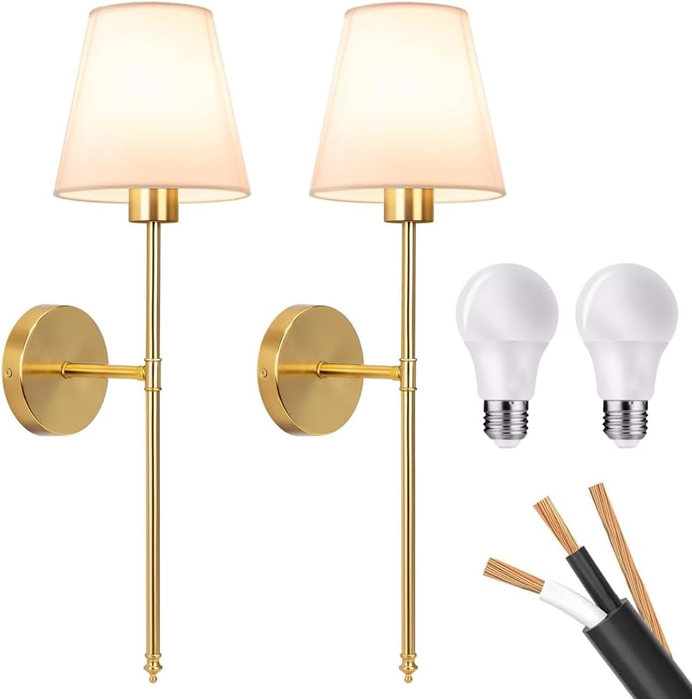 Wall Sconces Sets of 2, Classic Brushed Brass Sconces Wall Lighting, Hardwired Bathroom Vanity Light Fixture with Fabric Shade for Bedroom Living Room Hallway Kitchen (Bulbs Included)(Warm Light)