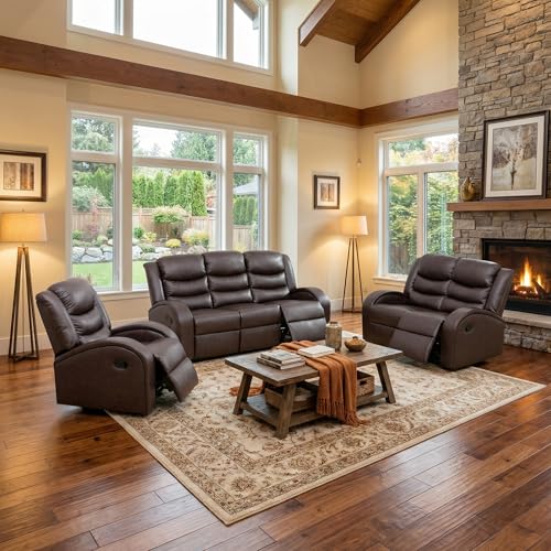 Vihogarly Leather Living Room Furniture Set, Manual Reclining Couch Set with Loveseat, 3 Piece Reclining Living Room Set, Black Leather Couch with 5 Recliners for Living Room