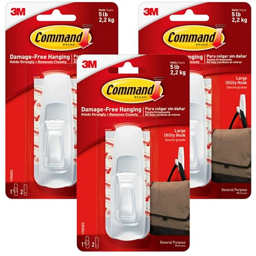 Command-Large-Utility-Hooks-3-Hooks-and-6-Strips-Removable-Damage-Free-5-lb-Multi-Surface-Adhesive-Wall-Hooks-for-Hanging-No-Tools-Required-White Command Large Utility Hooks, 3 Hooks and 6 Strips, Removable Damage-Free 5 lb Multi-Surface Adhesive Wall Hooks for Hanging, No Tools Required, White - Image 1