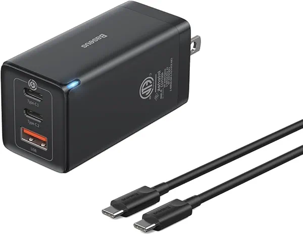 USB C Charger, Baseus 65W USB C Wall Charger, 3 Ports Foldable GaN Charger, Fast Charger Block for iPhone 15/14/13/Pro Max/SE/XR/XS, Galaxy S22+/S22, MacBook Pro/Air, iPad, Laptops, Pixel, Steam Deck