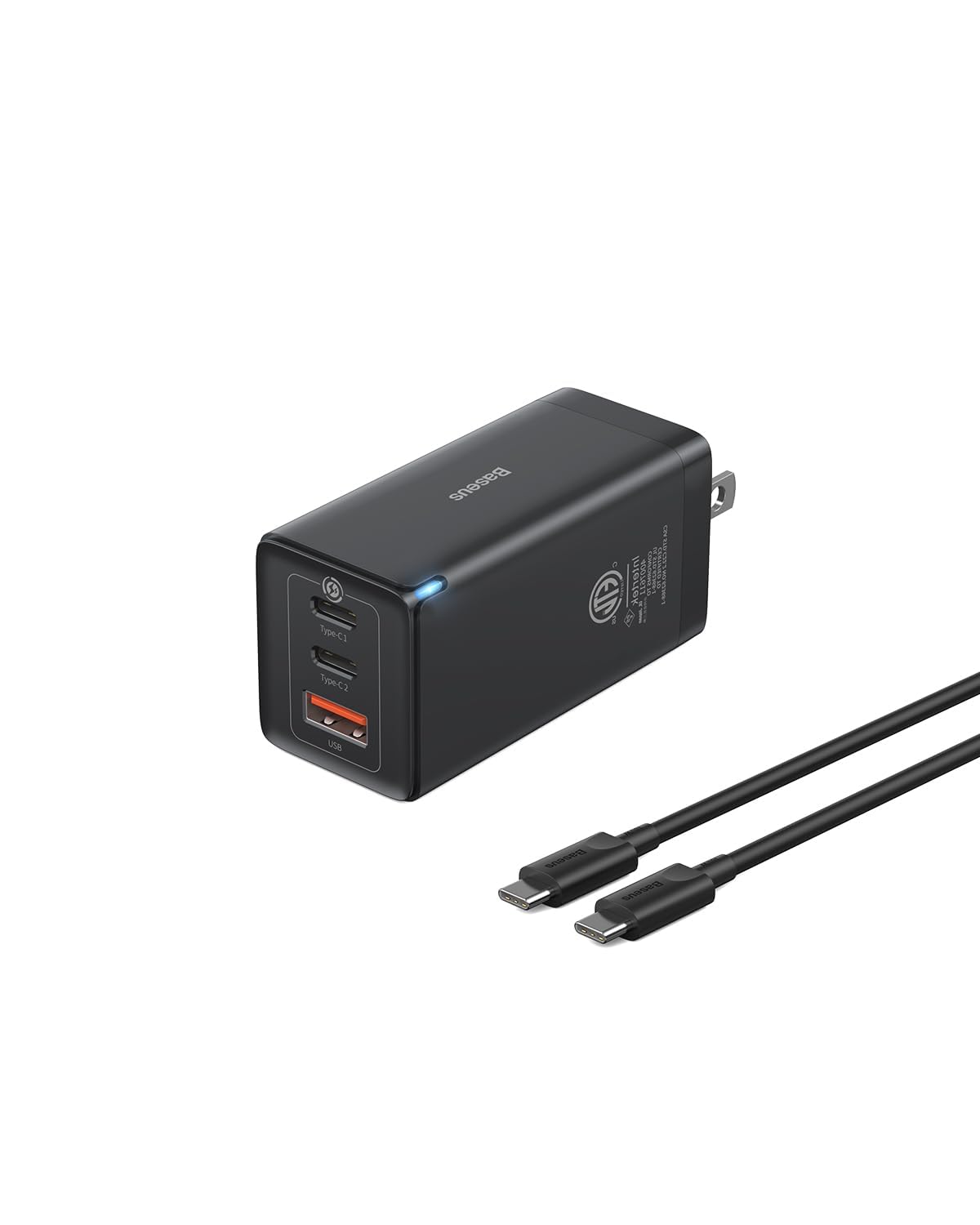 USB C Charger, Baseus 65W USB C Wall Charger, 3 Ports Foldable GaN Charger, Fast Charger Block for iPhone 15/14/13/Pro Max/SE/XR/XS, Samsung S22+/S22, MacBook Pro/Air, iPad, Laptops, Pixel, Steam Deck