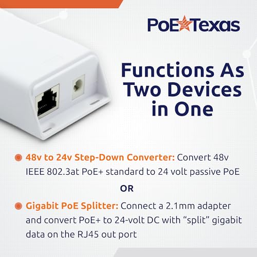 PoE Texas 48v to 24v PoE Converter - Inline PoE Splitter with 24 Volt 25 Watt PoE or DC - Converts IEEE 802.3at PoE+ to 24V Passive PoE or 24V DC Output with Gigabit Data for Ubiquiti and Mikrotik3