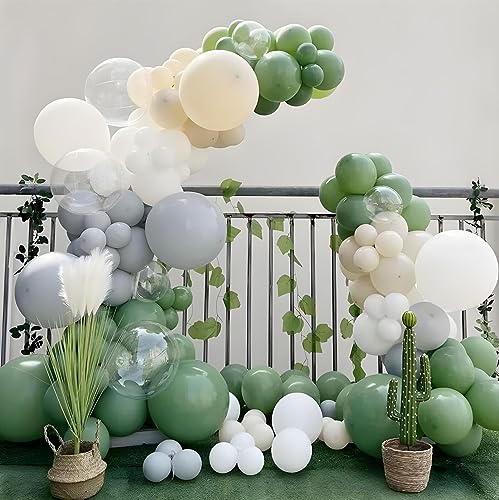 Image of 150pcs Sage Green Balloons Different Sizes Pack, 18 12 10 5 Inch Party Balloon Garland Arch Kit for Birthday Dinosaur Baby Shower Jungle Forest Theme Party Decorations(With 2 Ribbons)