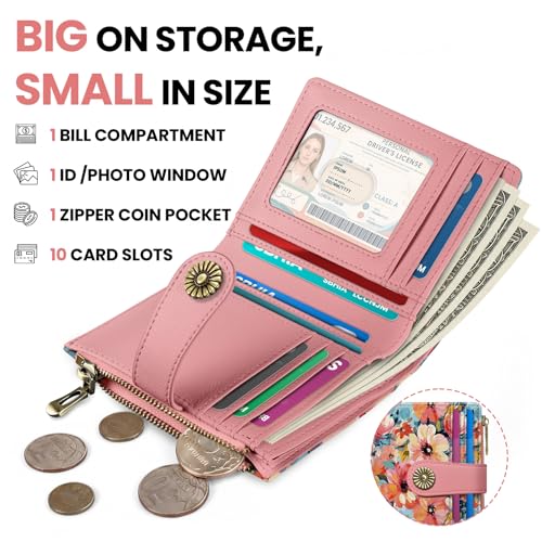 Image of Small Wallet for Women, RFID Blocking Bifold Card Holder Wallet with 10 Card Slots, Cash Compartment, Zipper Coin Pocket & ID Window, Cute Soft Vegan Leather Compact Wallet, Pastel Garden