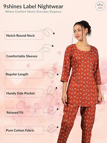 Image of 9shines Label Pure Cotton Printed Women Top & Pyjama Set | Pyjama co-ord Set | Night Suit | Lounge wear for Home | Nightwear Set for Women | Night Dress for Women Stylish (COPJ-5)