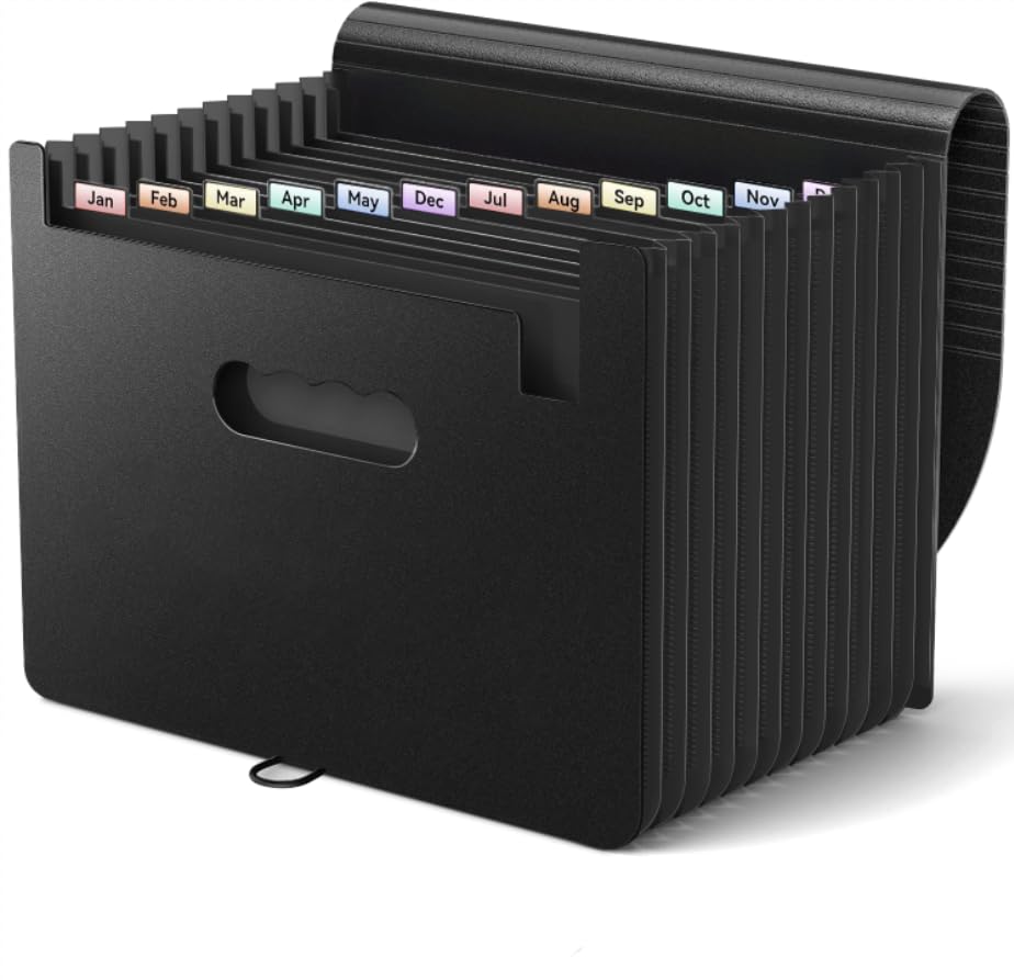 Vanulee Expanding Box File Organiser with 13 Pockets, Concertina A4 Document Folder, Black, 13-Pockets - Image 2