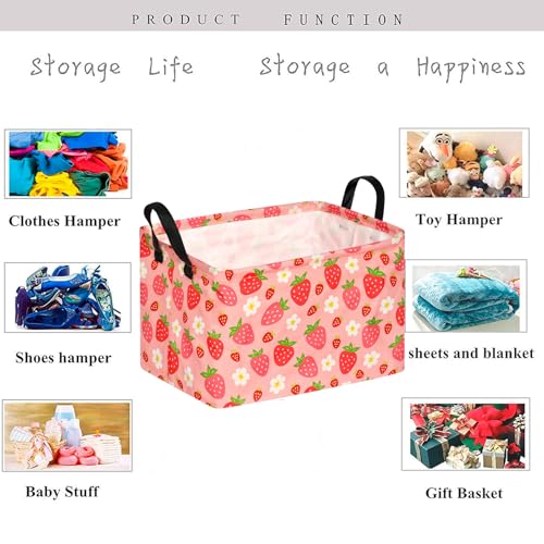 Image of Kid Storage Basket Gift Shelf Basket Toy Storage Bin, Nursery Basket Organizer Box for Children Room Deco With Handles (Strawberry)