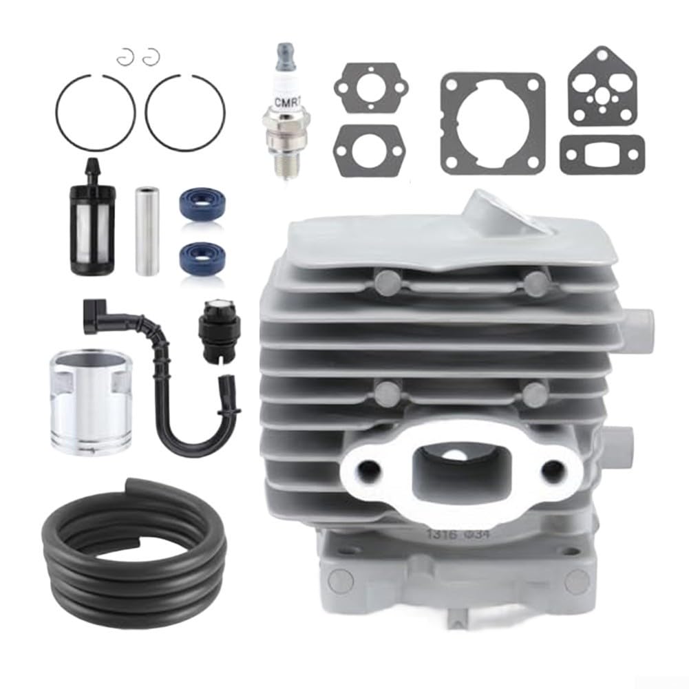 Kit cilindro compatibile con BG86 BG86C BR200 SR200 Cilindro da 34 mm con set di guarnizioni Filtro carburante Tubo carburante Scintilla Serbatoio Carburante Sfiato Metallo Argento Ricambio per la