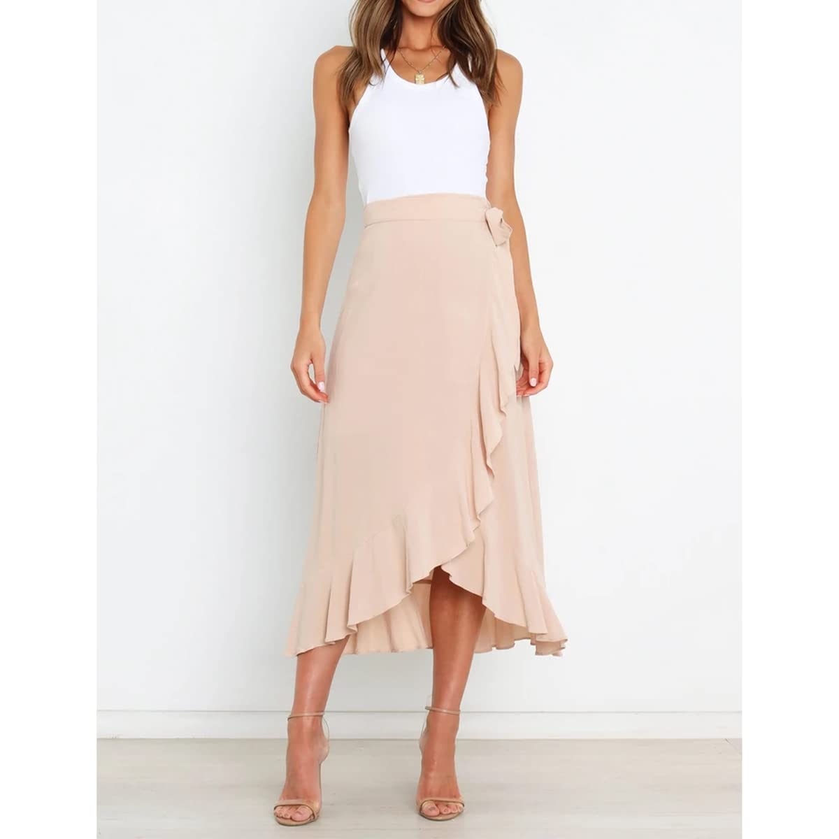 Daysskk Gonna avvolgente da donna, asimmetrica, con volant, estiva, stile boho, lunghezza midi