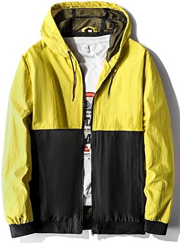 Mywu Mens Windbreaker Jacket Colorblock Casual Hooded Lightweight Jackets 90s Wind Breaker Yellow Black Size M