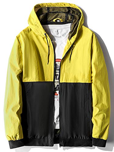 Mywu Mens Windbreaker Jacket Colorblock Casual Hooded Lightweight Jackets 90S Wind Breaker Yellow Black Size M #TOP20