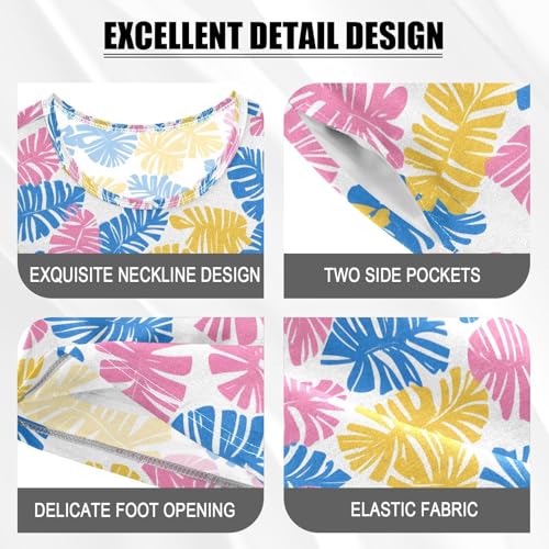 ALAZA Tropical Palm Leaves Blue Yellow Pajamas Set Short Sleeve Cotton Sleepwear Summer Pjs 2 Piece 5-14Y4