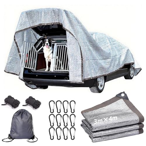 Filet d'ombrage pour voiture et chien 3x4 m, filet de protection solaire pour voiture, filet d'ombrage en aluminium, toile réfléchissante pour camping, filet...