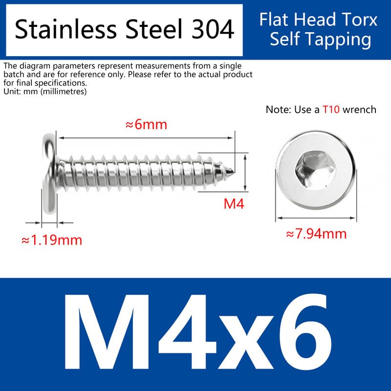 100 Tornillos Autorroscante M4 x 6 mm Cabeza Plana Torx miniatura 2