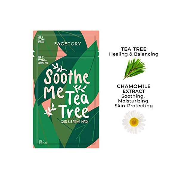 FACETORY K Beauty Face Mask Skin Care - Soothe Me Tea Tree 2-Step Sheet Mask with Tea Tree Extract & Chamomile + Soothing Ampoule | Skin Calming, Acne Clearing (10 Pack)