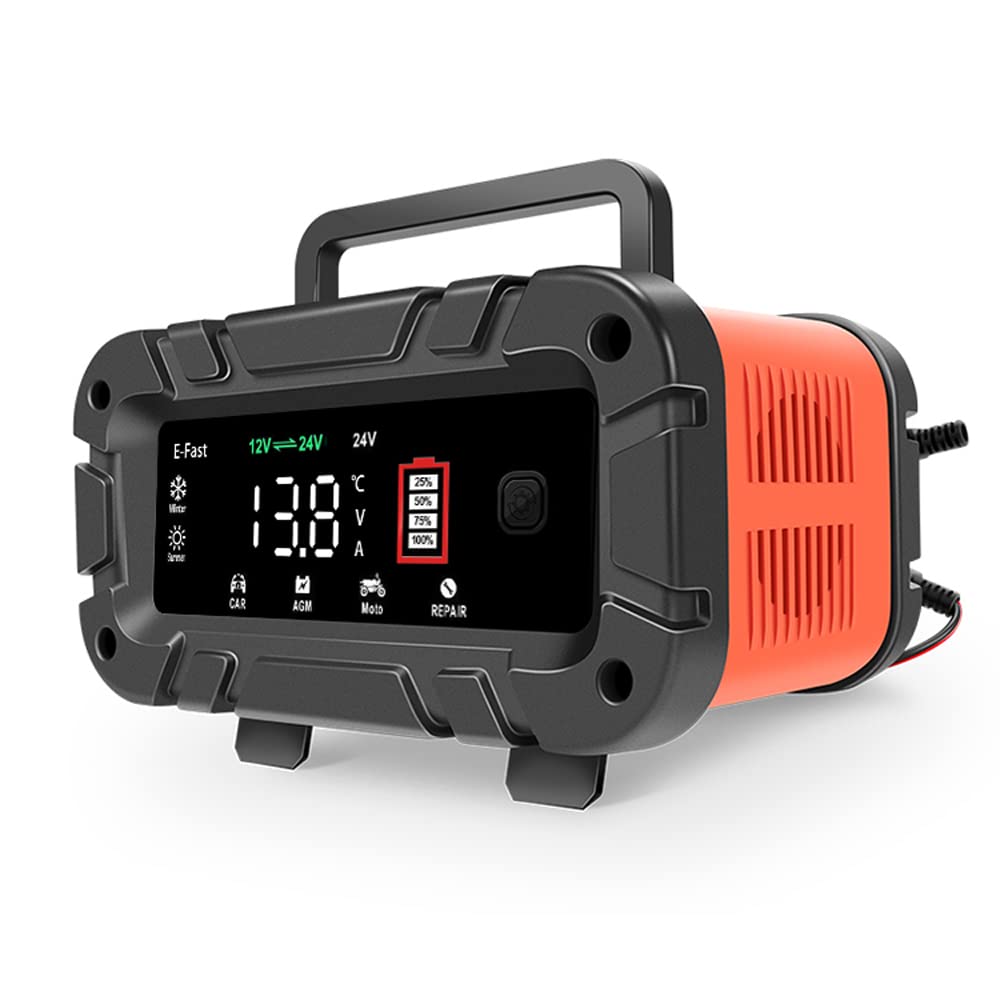 Jemora Caricabatterie per Auto 12V / 24V Dispositivo di Carica per la Riparazione di impulsi Intelligenti Manutentore di Mantenimento della Batteria automobilistica con Display Digitale LCD per