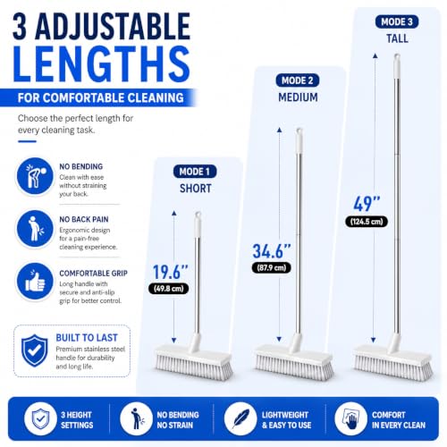 Image of Bathroom Floor Cleaning Brush with Long Handle & Wiper, 2 in 1 Floor Scrub Brush for Tiles, Bathroom, Kitchen & Wet Floor Cleaning, Hard Bristle Cleaning Broom with Stainless Steel Rod