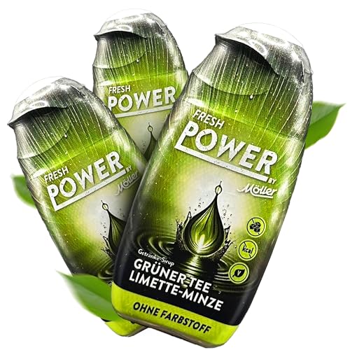 Fresh Power by Möller Sirup Zuckerfrei 65 ml — Getränkesirup mit wertvollen Vitaminen und Aminosäuren für Sport und Freizeit — Zero Sirup für 6,5 bis 10 Liter Getränk — Grüner Tee Limette Minze