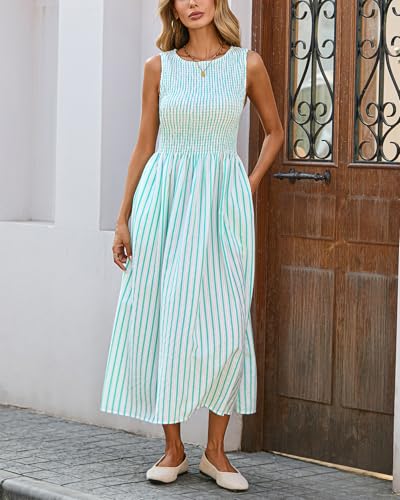 Image of YEXPINE Women's Striped Smocked Sundress Sleeveless Swing A Line Beach Midi Dress with Pockets