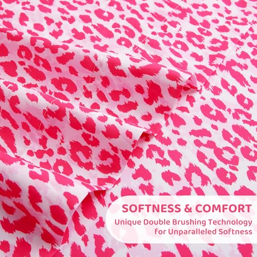 Image of Mooreeke Leopard Cheetah Printed Twin Bed Sheets, Soft Microfiber Bedding Sheets & Pillowcases, Deep Pocket Non-Slip Fitted Twin Sheet, Pink Animal Pattern Bedsheets
