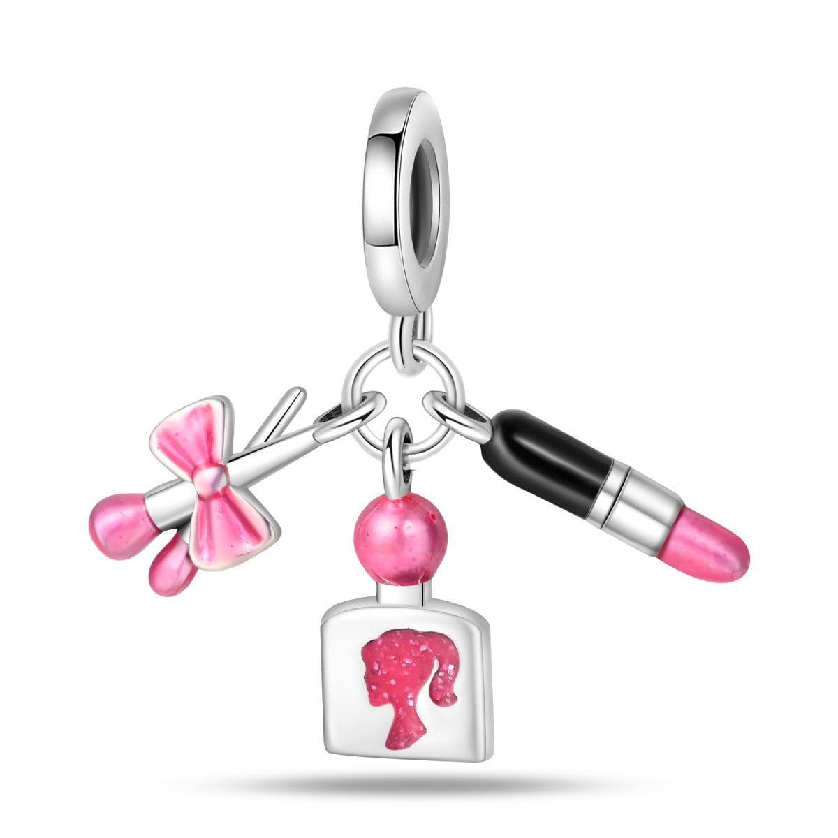 CZVIVIRY Pink Lipstick & Beauty Brush & Perfume,925 Sterling Silver Lucky Charm for Woman Bead, Jewelry Beads Gifts for Family Women Bracelet&Necklace