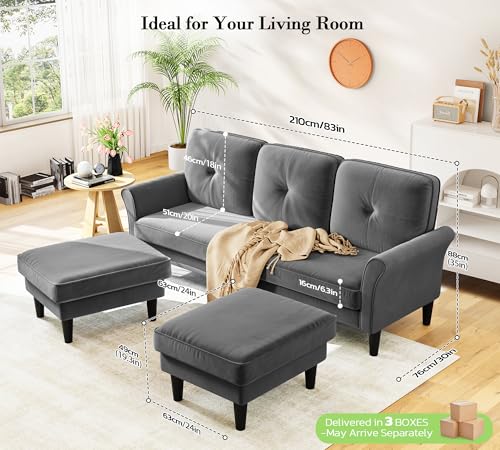 Image of Kidirect Small Sectional Couch, 83 inch U Shaped Couch, Comfy Velvet Couches for Living Room, Tool-Free Setup Modular Sectional Sofa, 850lbs Load Sofas for Living Room with 2 Movable Ottomans, Grey Couch