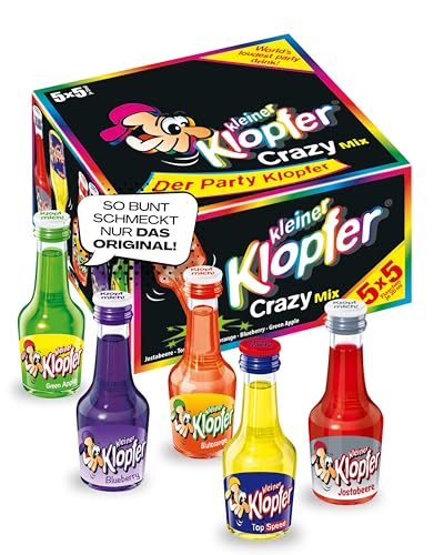 Kleiner Klopfer Crazy Mix I 25 Mini Liköre à 20 ml I 5 beliebte Sorten Green Apple Blueberry Blutorange Top Speed & Jostabeere I 16 % Vol. I Likör-Mix für Geburtstag & Karneval