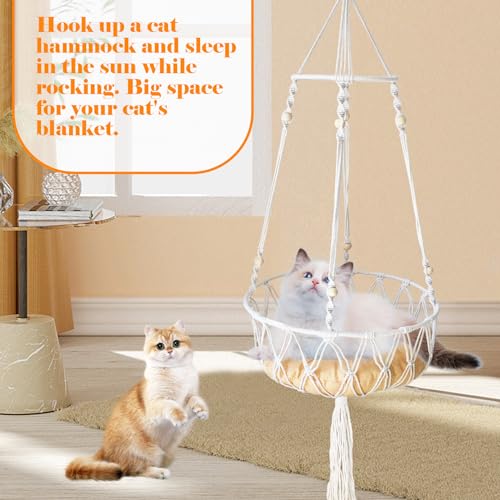 Image of Macrame Cat Hammock Bed,Handwoven Hanging Boho Cat Bed with Hanging Kit for Indoor Outdoor Home Decor Ceiling Catio Swing for Playing Sleeping Climbing and Lounging(15.74x15.74x47.24IN)(L)