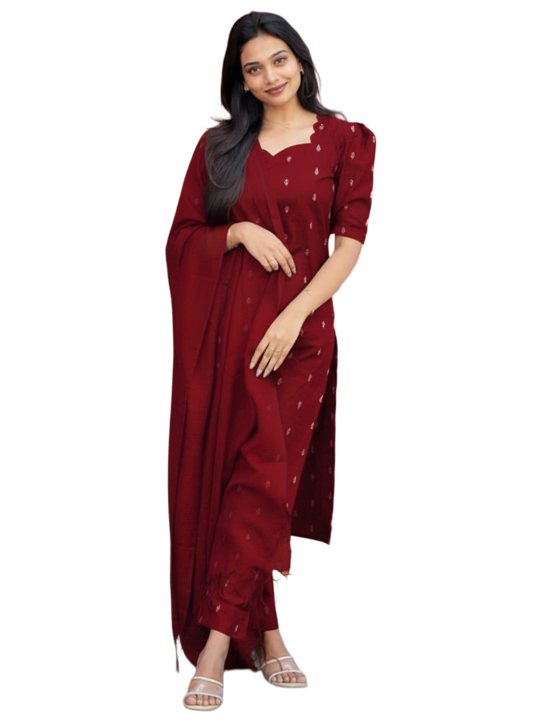 GoSriKi Kurta Set for Women Viscose Printed | Kurti Set for Woman | Kurta Pant Dupatta 3 Piece Outfit | Sweetheart Neck Elbow Sleeve Regular Fit Ethnic Dress Stylish Womens Clothing