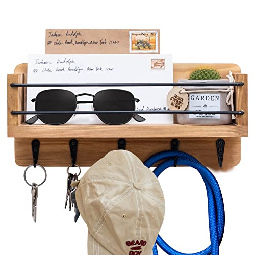 Mapromofit Key Holder for Wall and Mail Shelf, Solid Pine Wood Mail Sorter Organizer with 5 Key Hooks for Entryway, Storage, Living Room, Hallway, Kitchen