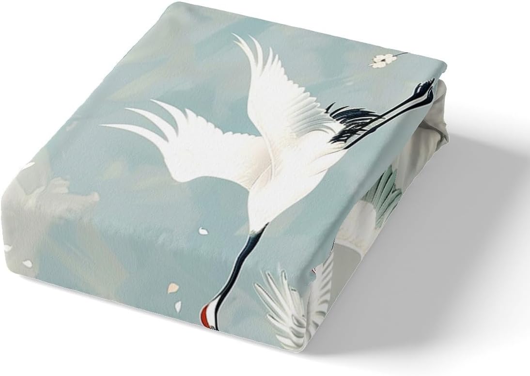 Erosebridal Japanese Crane Duvet Cover Queen for Kids Teens Adults,Cherry Blossom Bedding Set,Watercolor Floral Quilt Cover,Teal Gradient Bed Set with 2 Pillowcases Bedroom Decor