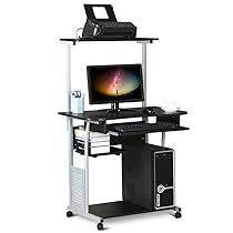 Yaheetech Scrivania per PC da Ufficio Tavolo Porta Computer con Stampante Ruote Tavolo Salvaspazio Mobile con Ripiani Tastiera Scorrevole Scrittoio da Studio Nera 80 x 50 x 132 cm