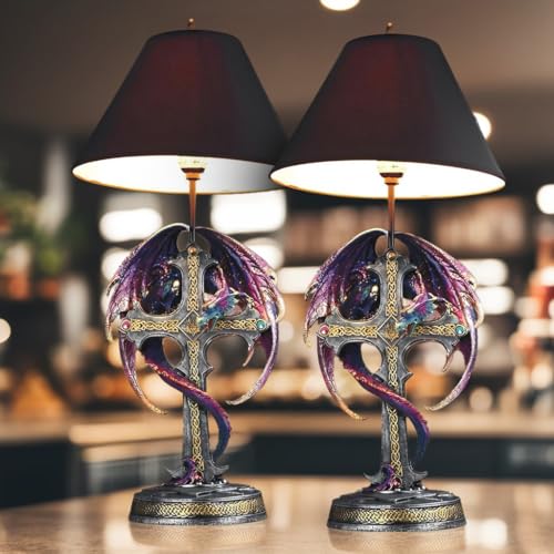 2 Pack 24.5" Fantasy Collectible Dragon Statue Table Lamp Set Wrap Around Cross with Fabric Light Shade for Gothic and Medieval Décor (2PC-71793-Purple/Blue) by ICE ARMOR - Used condition - US$102.93