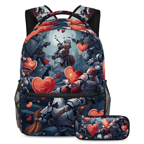 Cartable sac à dos grand format et trousse motif cœurs rouges imprimé 50