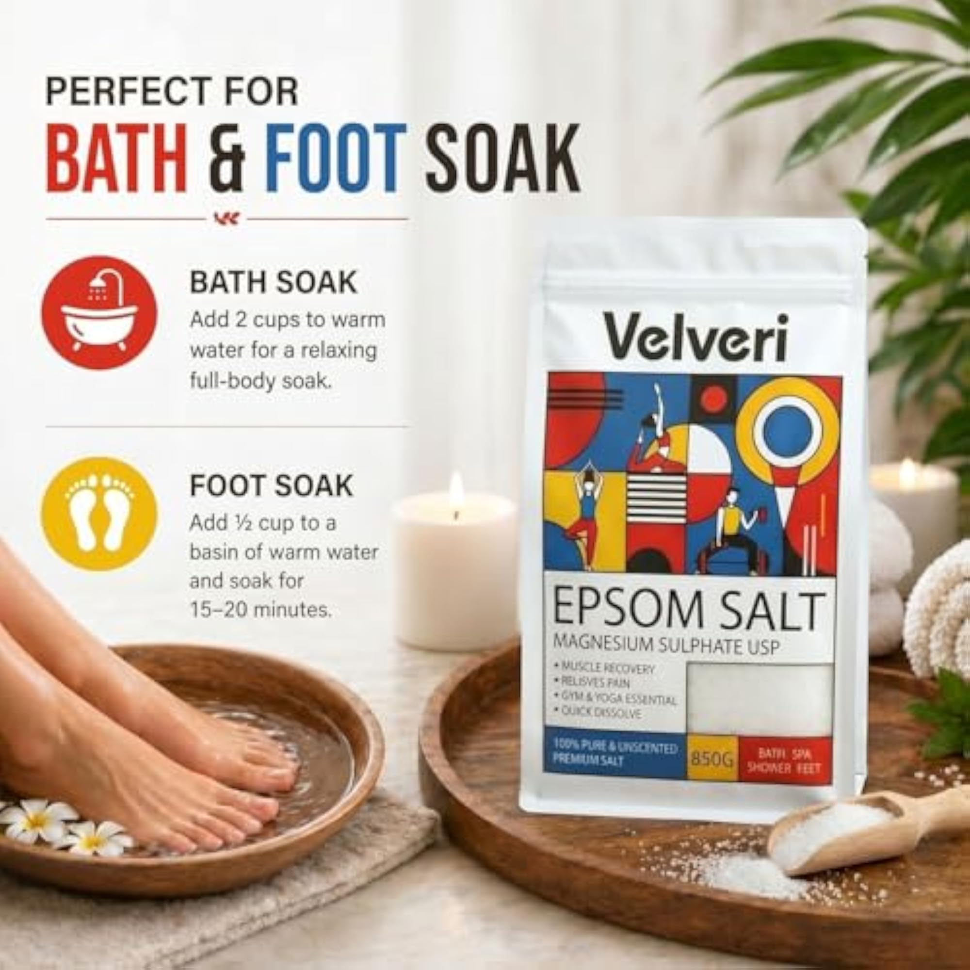 Pure Epsom Salt 850g, 100% Magnesium Sulfate for Muscle Recovery