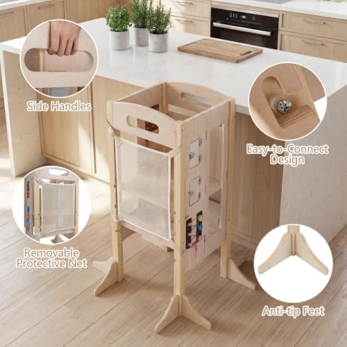 Image of Costzon Foldable Toddler Step Stool, Wooden Kitchen Standing Tower with 2-Step Stool, Adjustable Height, Chalkboard & Montessori Games, Detachable Safety Net, Kids Helper for Boys & Girls