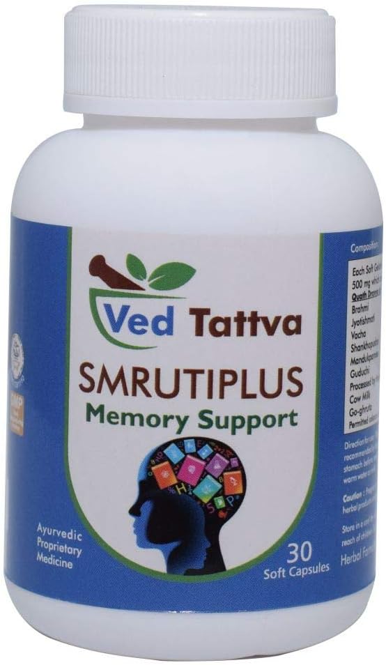 Ved Tattva Smruti Plus 30 Capsules, Ayurvedic Herbal Formulation For Brain & Memory Support, Natural (VTA7693)