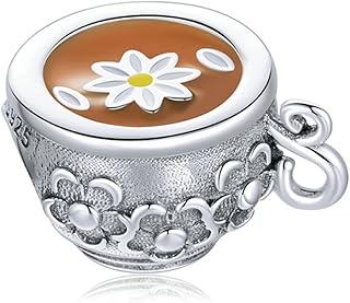 Colgante de Plata de Ley, Cuentas de Pulsera, Cuentas de Plata de Ley 925 for Pulsera, Taza de té con Flor Divertida y esmaltada en marrón.