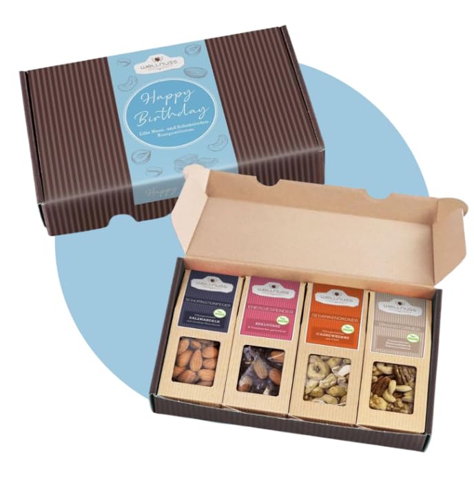 WELLNUSS Happy Birthday Geschenkbox 4 edle Snack-Sensationen im Geschenkkarton Premium Nüsse & Trockenfrüchte Best of Nuts Feinkost-Präsent für Geburtstag & Kollegen + Grußkarte (4 x 60g)