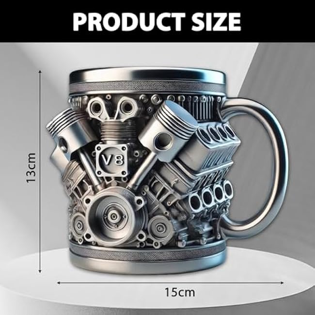 V8 3D Stainless Steel Cup, V8 Engine Coffee Mug with Heat-Insulated Handle, Personalized, Unique and Stylish, a Great Gift for Car Lovers