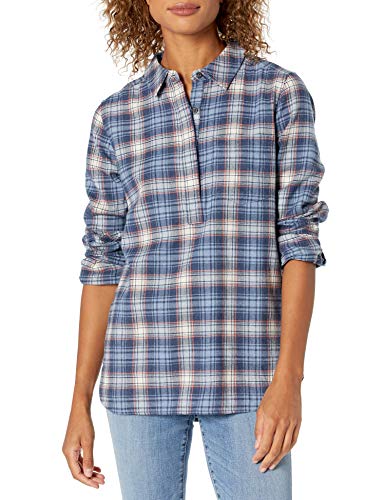 Amazon Brand - Goodthreads Women's Flannel Long Sleeve Relaxed Fit Half Placket Popover Shirt , Indigo Heather Plaid , Large
